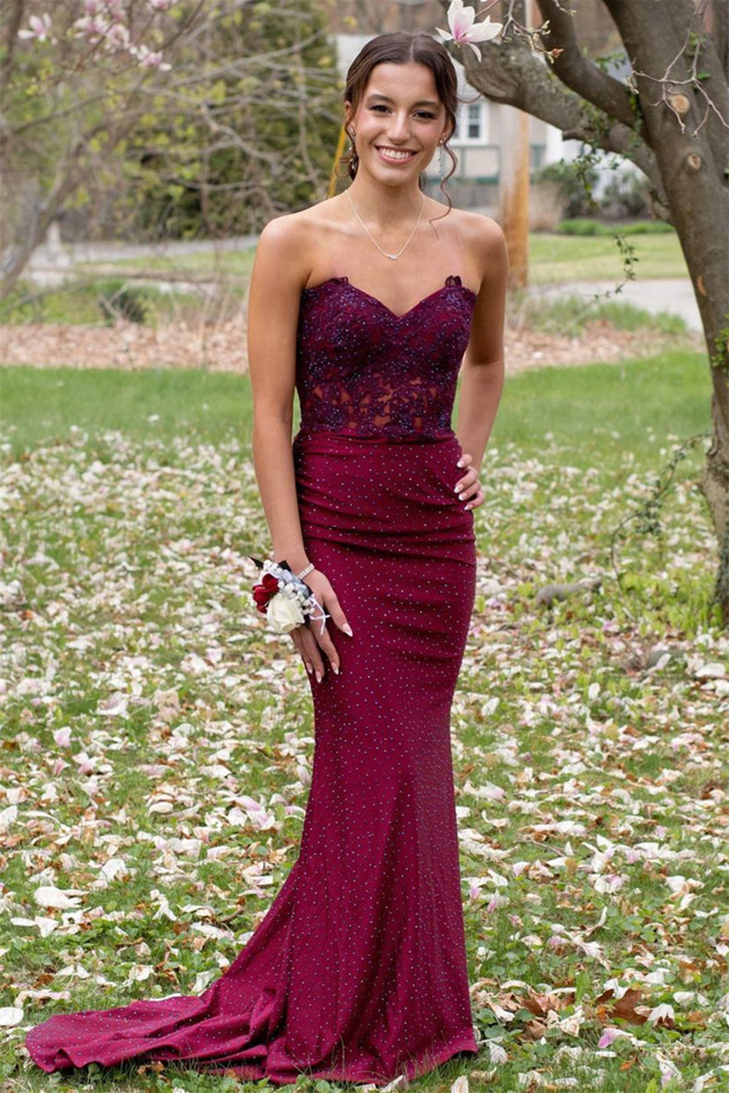 Burgundy Mermaid Strapless Beaded Appliques Lace-Up Long Prom Dress DR1551