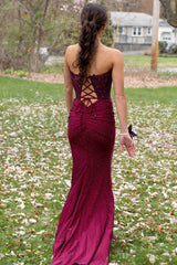 Burgundy Mermaid Strapless Beaded Appliques Lace-Up Long Prom Dress DR1551