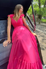 Fuchsia Ruffle Shoulder Plunging V Neck A-line Lace-Up Long Prom Dress