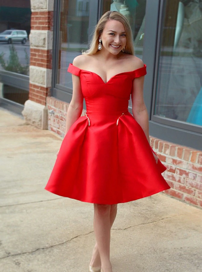 A-Line Off-the-Shoulder Knee-Length Red Satin Pockets Homecoming Dress GJS664