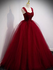 Burgundy sweetheart tulle long prom dress, burgundy evening dress FD007