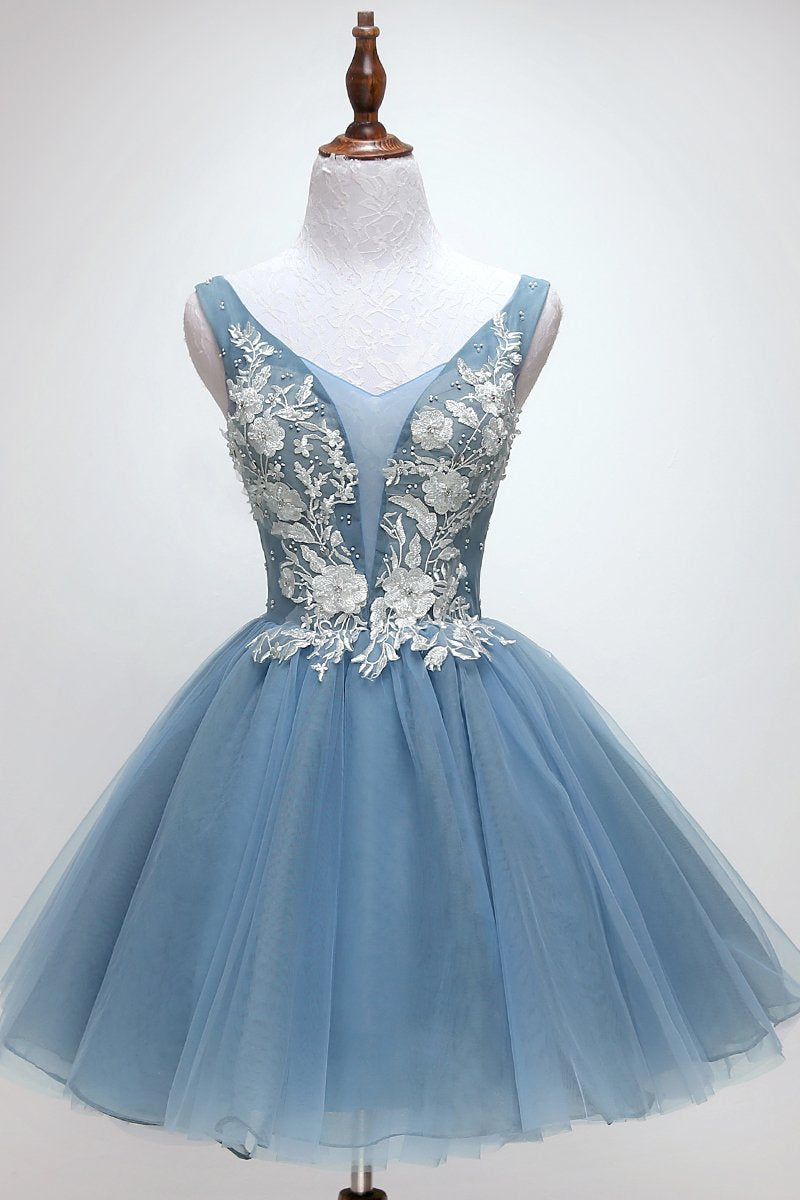 Blue tulle lace short prom dress, blue tulle lace homecoming dress JKG011