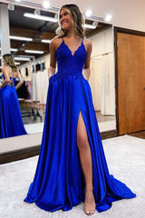 Royal Blue Lace Lace-Up Long Prom Dress EWQ023