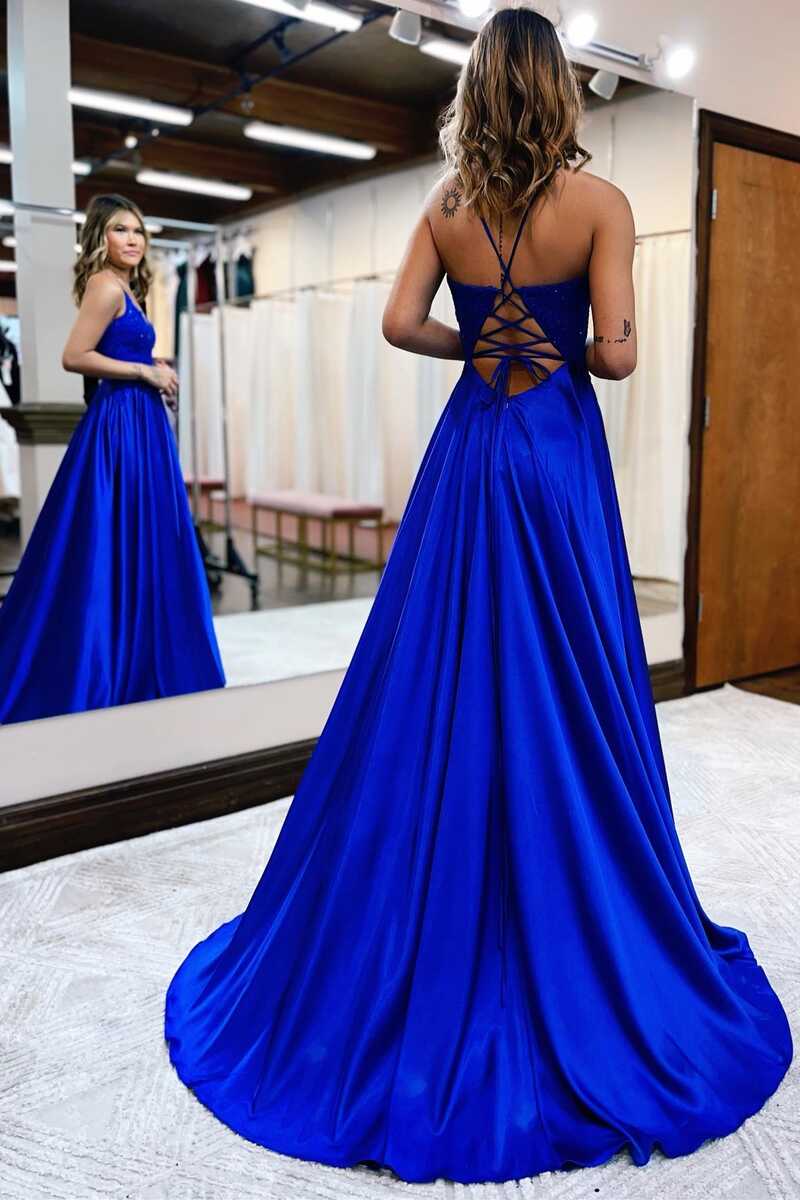 Royal Blue Lace Lace-Up Long Prom Dress EWQ023