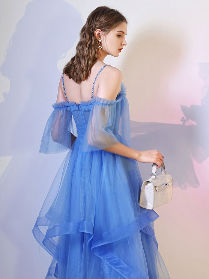 Simple blue tulle short prom dress, blue homecoming dress