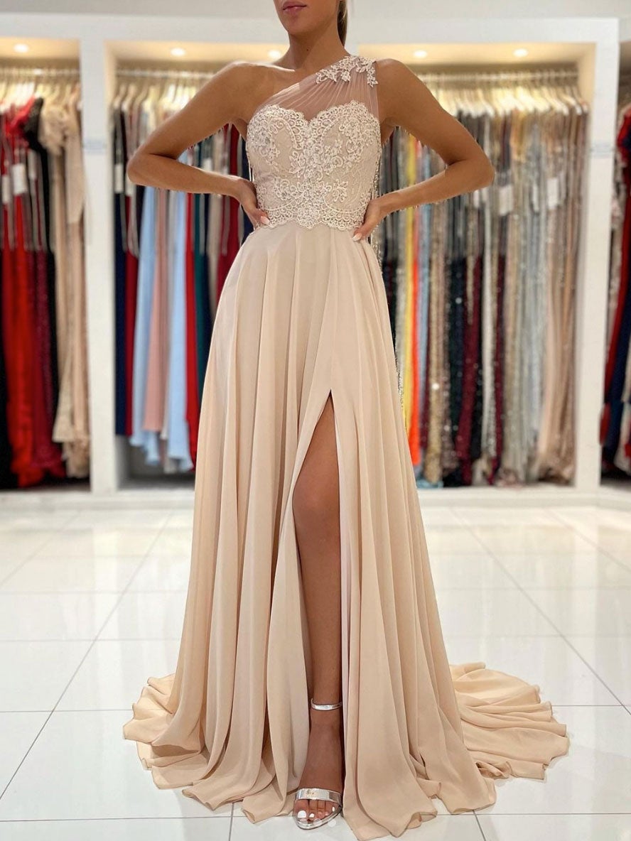 Champagne chiffon lace one shoulder long prom dress, lace evening dress FD018