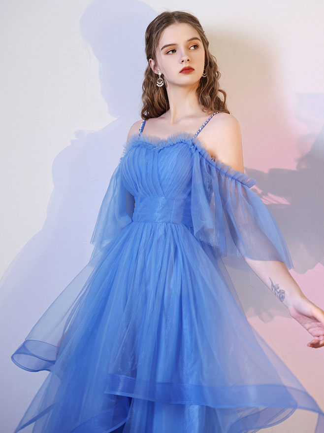 Simple blue tulle short prom dress, blue homecoming dress