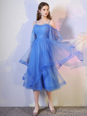 Simple blue tulle short prom dress, blue homecoming dress