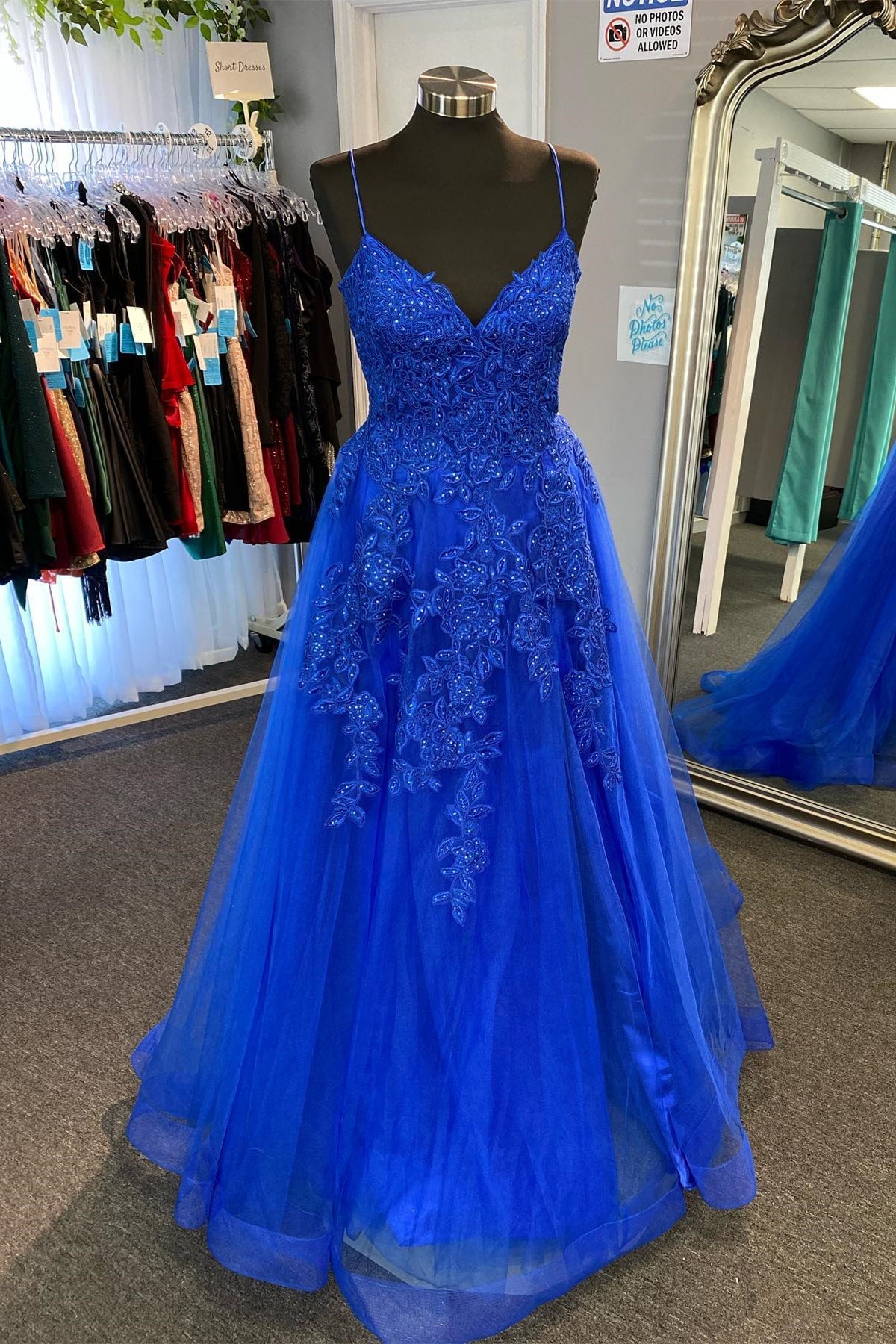 Royal Blue Appliques Deep V Neck Lace-Up A-line Tulle Long Prom Dress DR16292