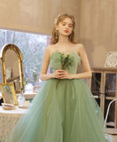 Green tulle lace tea length prom dress green tulle formal dress