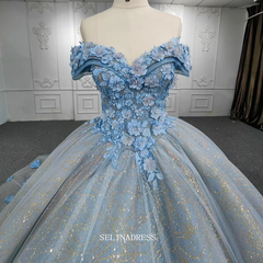 3D Floral Off Shoulder Sky Blue Ball Gown Beaded Princess Dress Pageant Dress DY9939