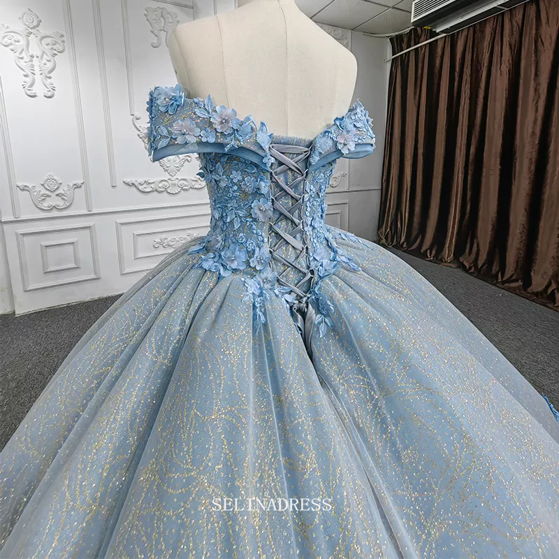 3D Floral Off Shoulder Sky Blue Ball Gown Beaded Princess Dress Pageant Dress DY9939