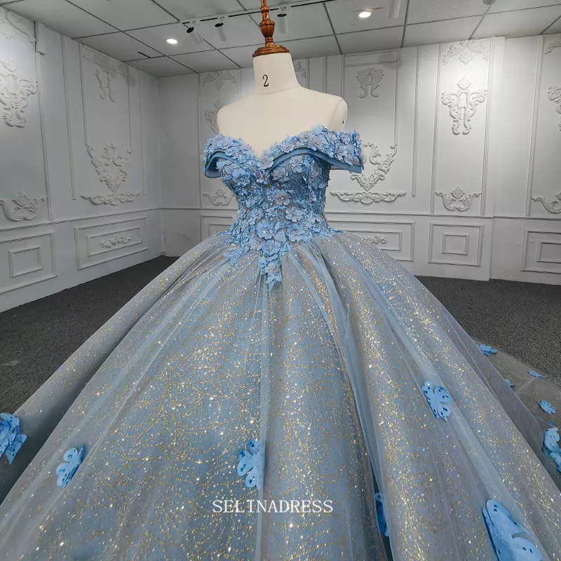 3D Floral Off Shoulder Sky Blue Ball Gown Beaded Princess Dress Pageant Dress DY9939