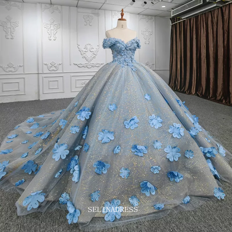 3D Floral Off Shoulder Sky Blue Ball Gown Beaded Princess Dress Pageant Dress DY9939