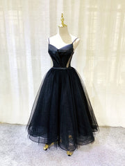 Simple  Black tulle tea length prom dress, black evening dress