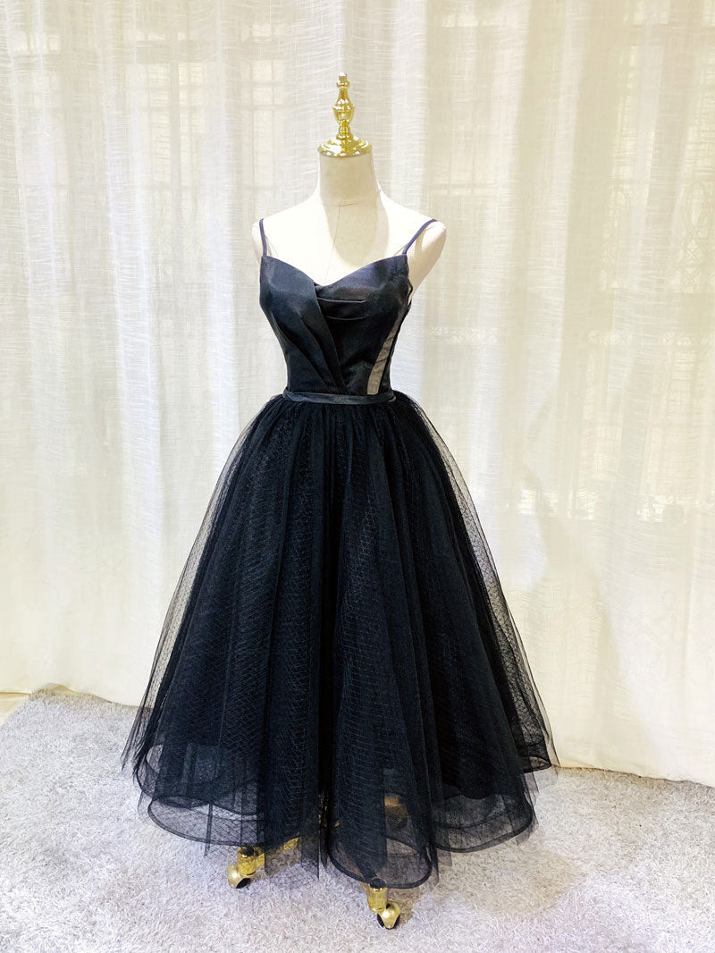 Simple  Black tulle tea length prom dress, black evening dress