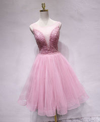 Pink tulle sequin short prom dress, pink homecoming dress