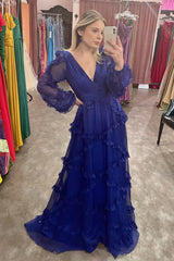 Regency Plunging V Neck Illusion Sleeves Ruffles A-line Long Prom Dress