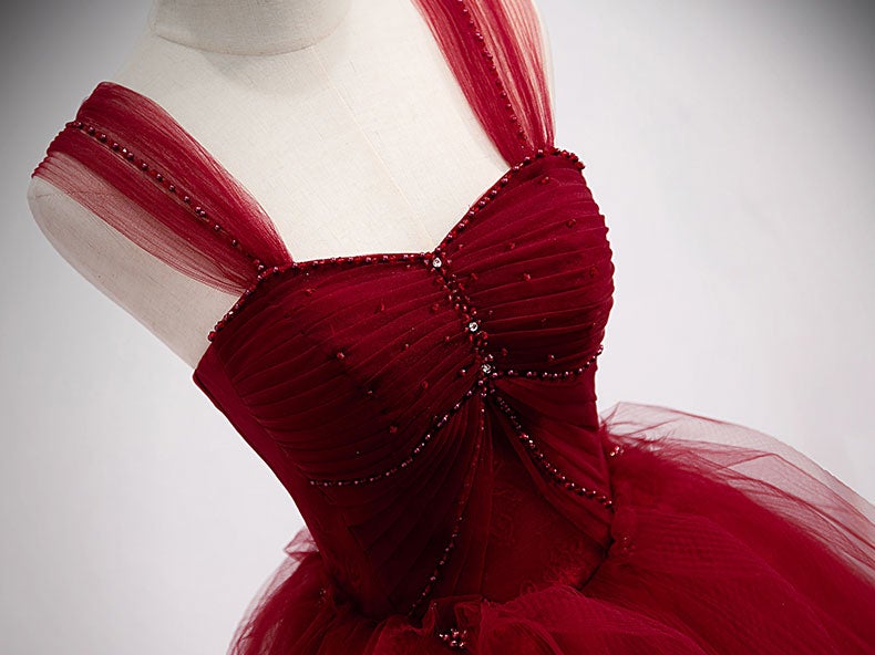 Burgundy sweetheart tulle long prom dress, burgundy evening dress FD007