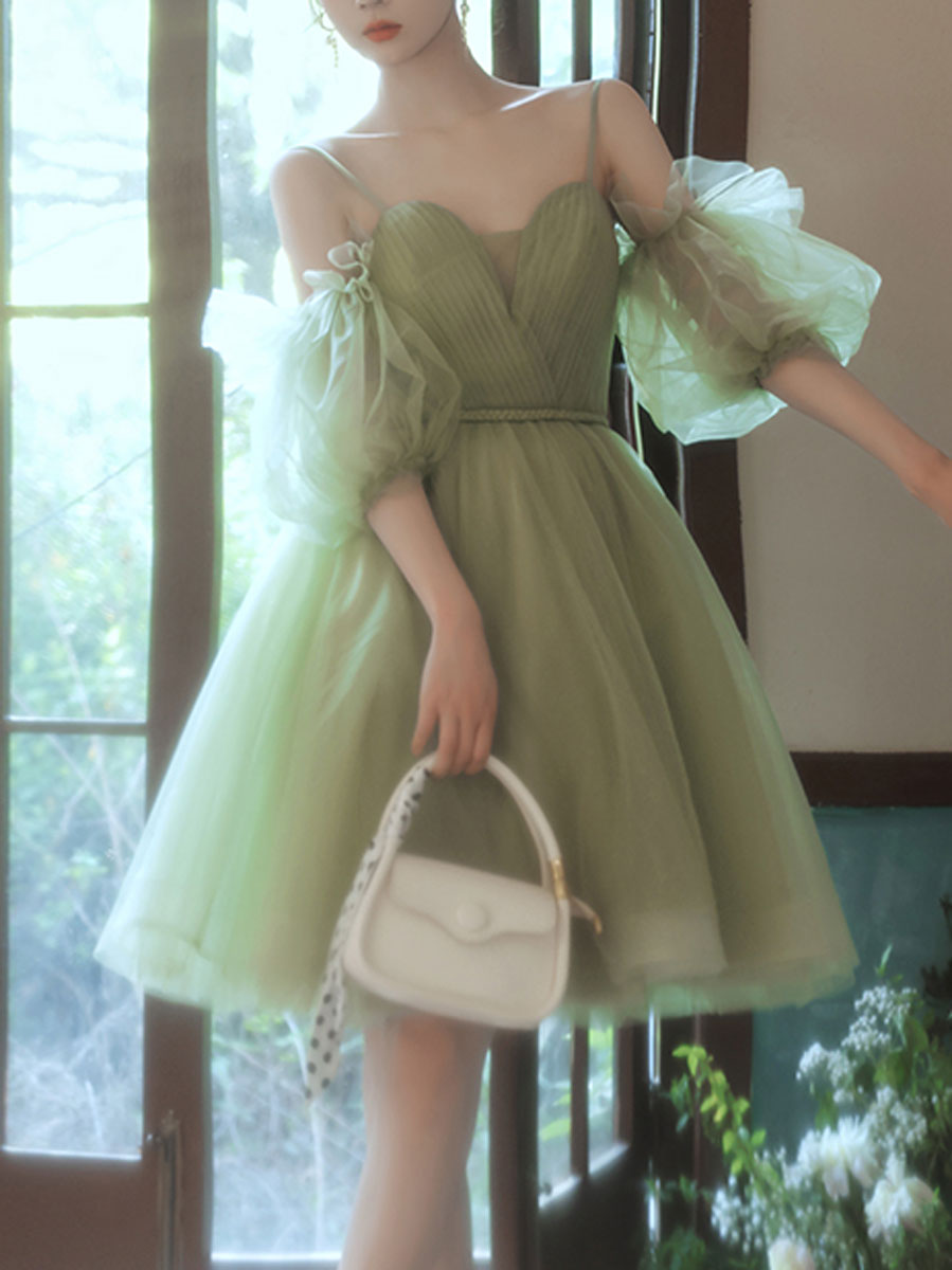 Simple green tulle short prom dress, green homecoming dress