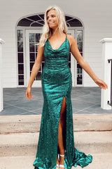 Hunter Green Sequins Cowl Neck Mermaid Prom Dress with Slit