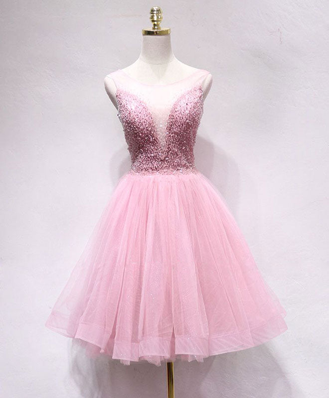 Pink tulle sequin short prom dress, pink homecoming dress