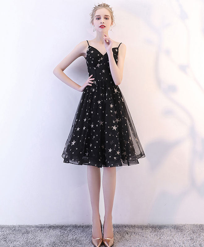 Black v neck tulle short prom dress, black homecoming dress