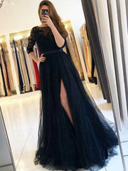 Black round neck tulle lace long prom dress, black evening dress MLSD011