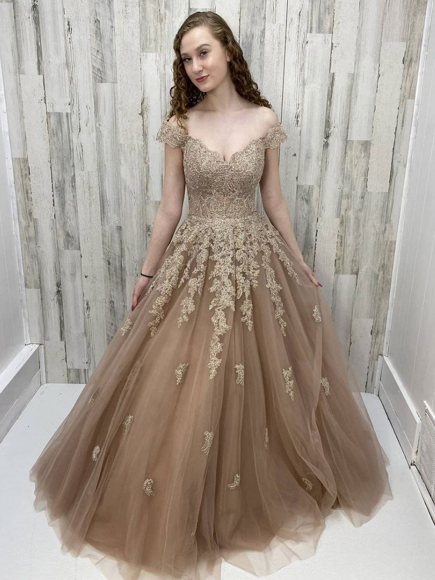 Champagne off shoulder tulle lace long prom dress, lace evening dress FD021