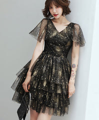 Black v neck tulle sequin short prom dress, black homecoming dress