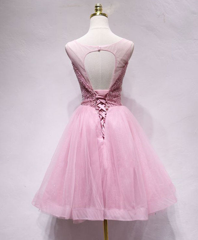 Pink tulle sequin short prom dress, pink homecoming dress