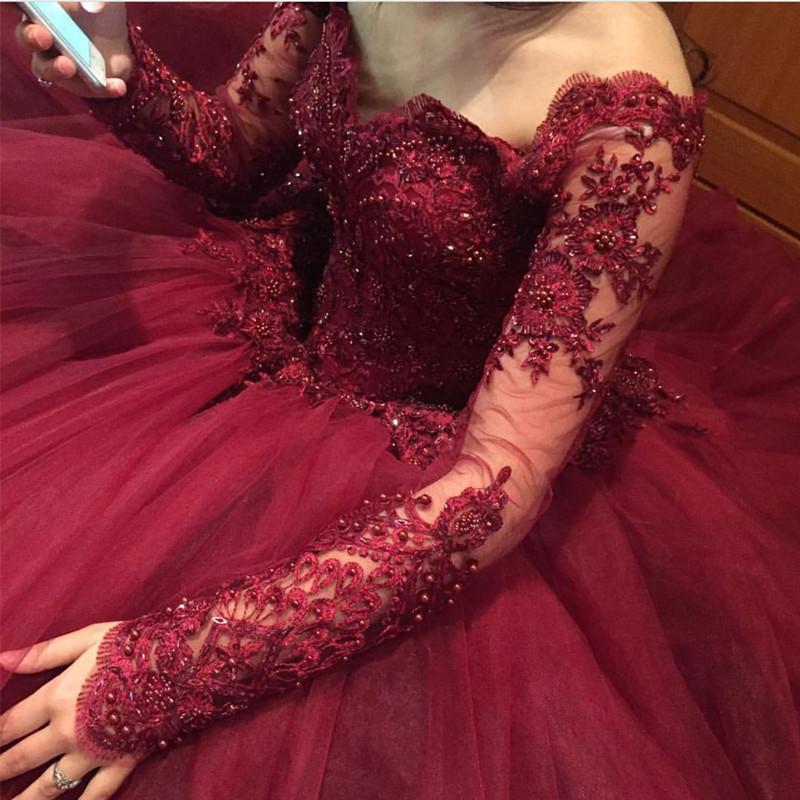 Burgundy Lace Appliques Long Sleeves Tulle Ball Gowns Prom Dresses FD032