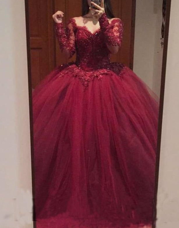 Burgundy Lace Appliques Long Sleeves Tulle Ball Gowns Prom Dresses FD032