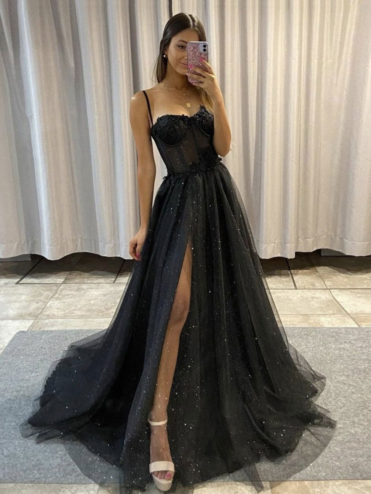 Black sweetheart neck tulle long prom dress, black tulle evening dress MLSD013