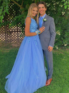 Blue one shoulder sequin tulle long prom dress blue evening dress SDE001