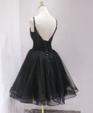 Black tulle beads short prom dress, black homecoming dress