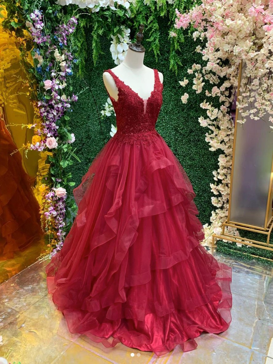 Burgundy v neck tulle lace long prom dress, burgundy evening dress FD012