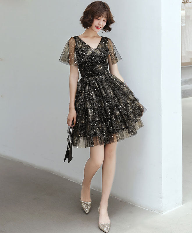 Black v neck tulle sequin short prom dress, black homecoming dress