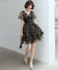 Black v neck tulle sequin short prom dress, black homecoming dress