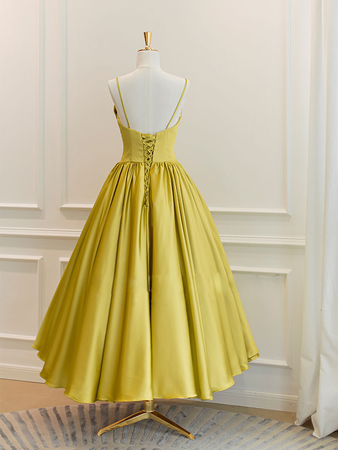 Simple yellow satin tea length prom dress, yellow homecoming dress