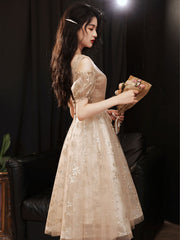 Champagne v neck tulle lace short prom dress, champagne evening dress