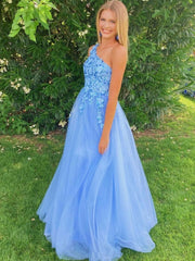 Blue one shoulder sequin tulle long prom dress blue evening dress SDE001