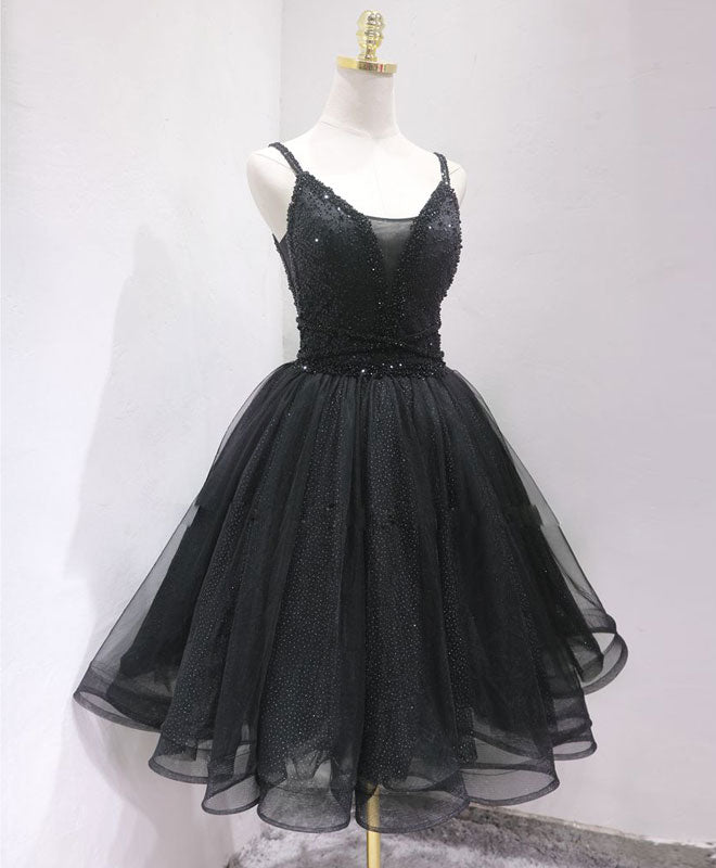 Black tulle beads short prom dress, black homecoming dress