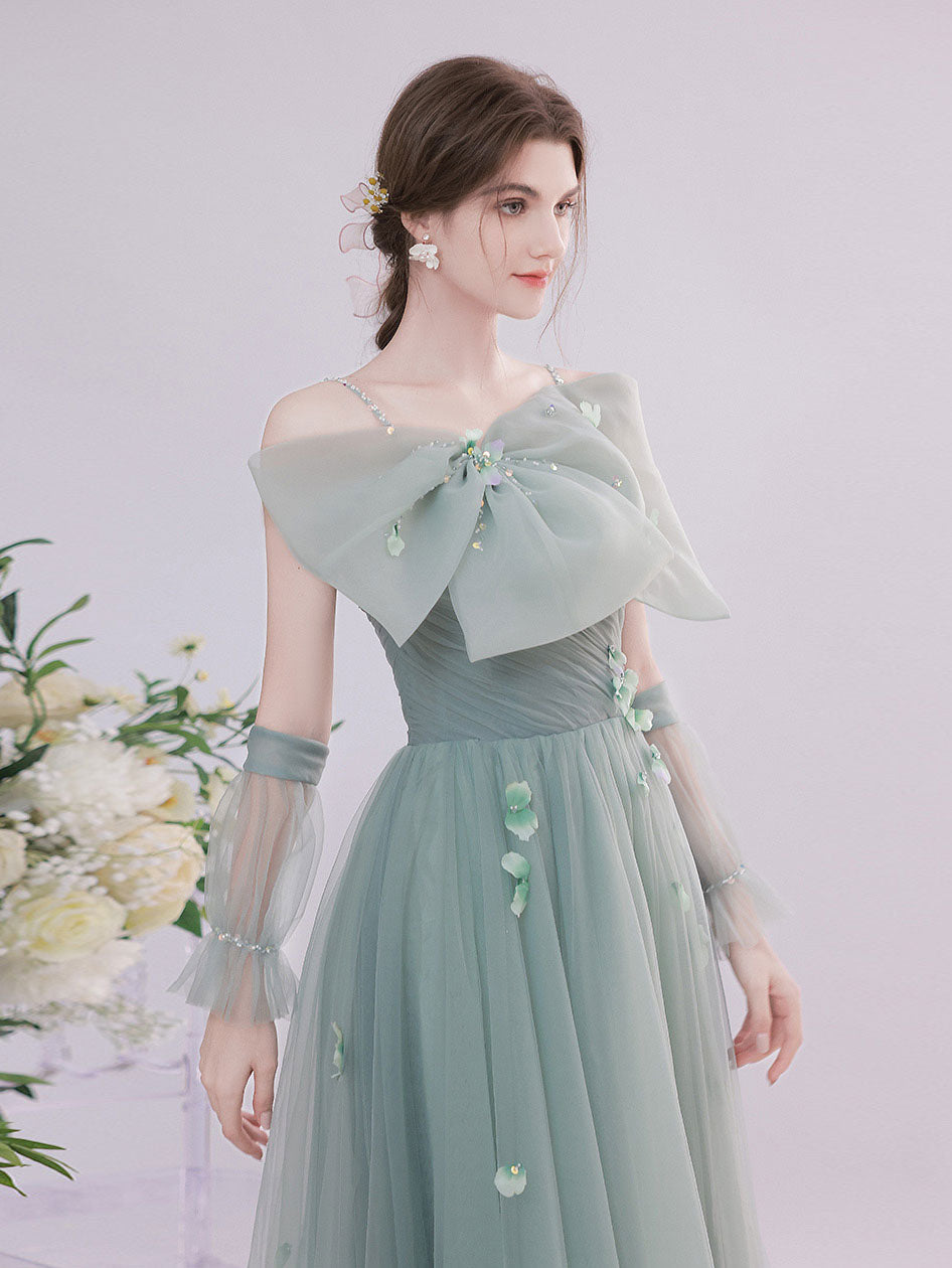 Green tulle short prom dress, green tulle lace evening dress