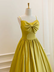 Simple yellow satin tea length prom dress, yellow homecoming dress