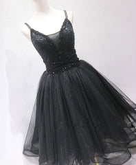 Black tulle beads short prom dress, black homecoming dress