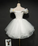 Cute white tulle short prom gown, white homecoming dress