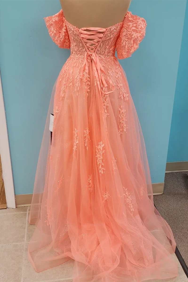 A-line Peach Puff Sleeve Strapless Floral Lace Prom Dress With Puff Sleeves #QWE006|Selinadress