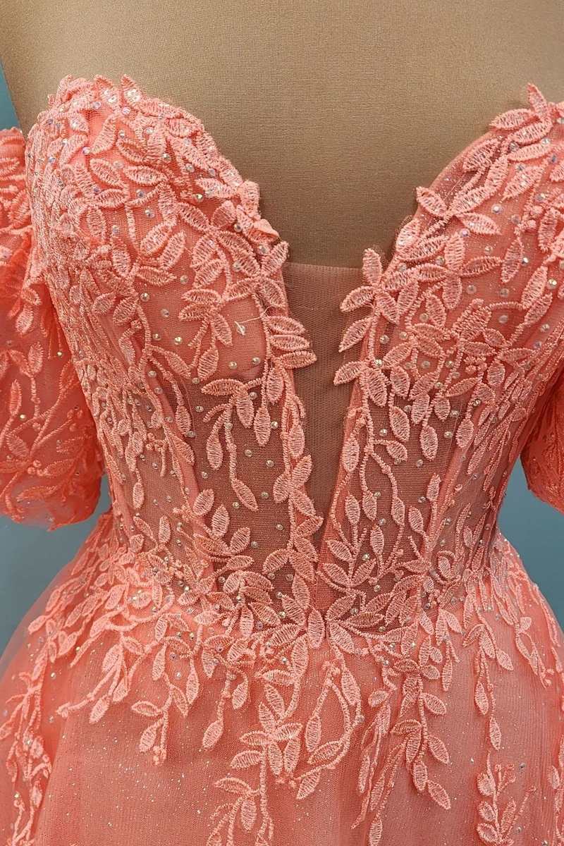 A line Peach Puff Sleeve Strapless Floral Lace Prom Dress With Puff Sleeves QWE006