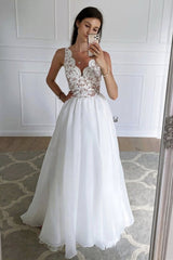 A Line V Neck Open Back White Lace Long Prom Dress, White Lace Formal Graduation Evening Dress MLSD016